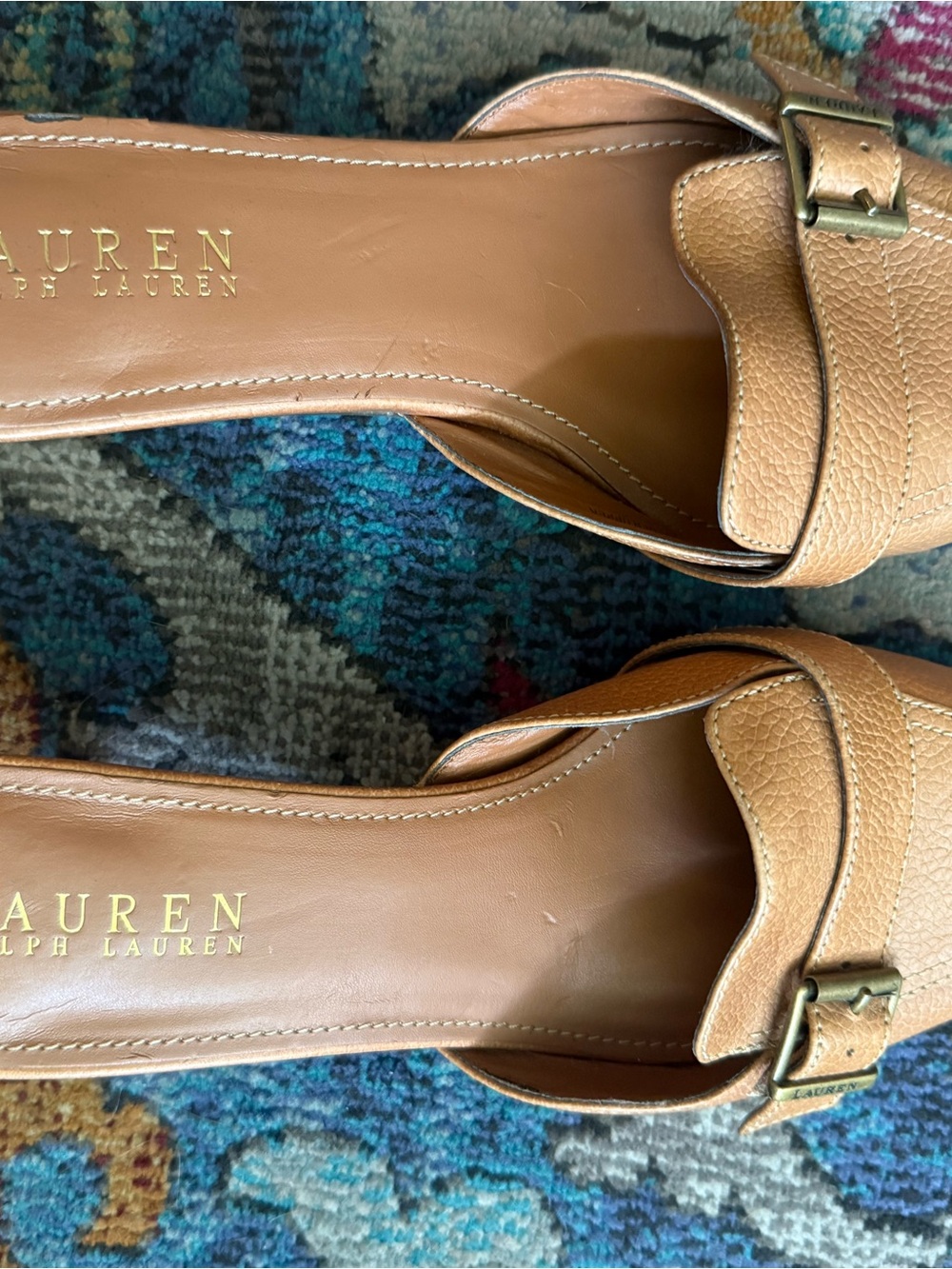 Lauren Ralph Lauren Tan Leather Buckle Slide Mules with Gold-Tone Hardware